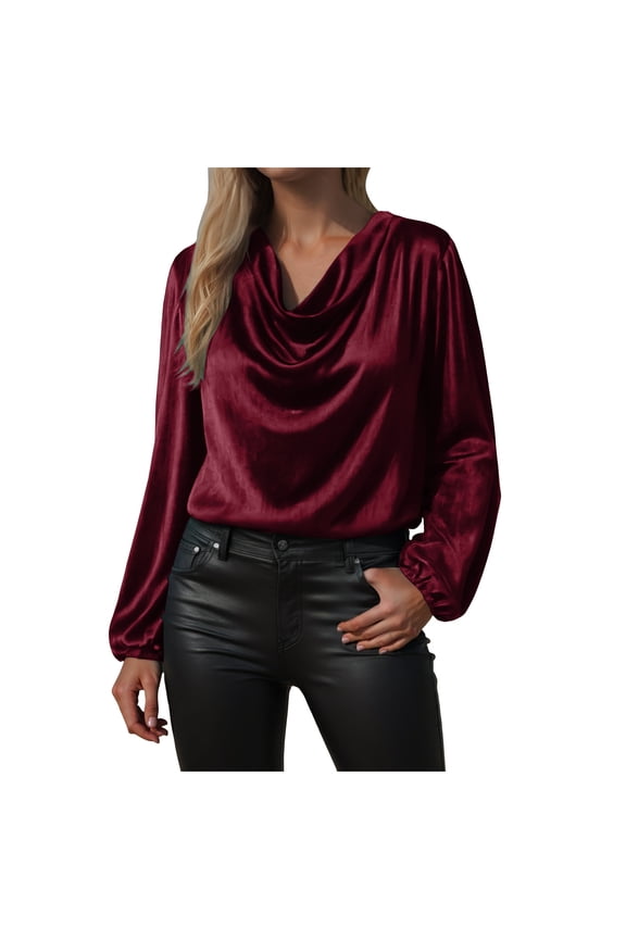 Women's Satin Silky Cowl Neck Drape Ruched Front Long Sleeve Blouse Shirt Top (, XL)