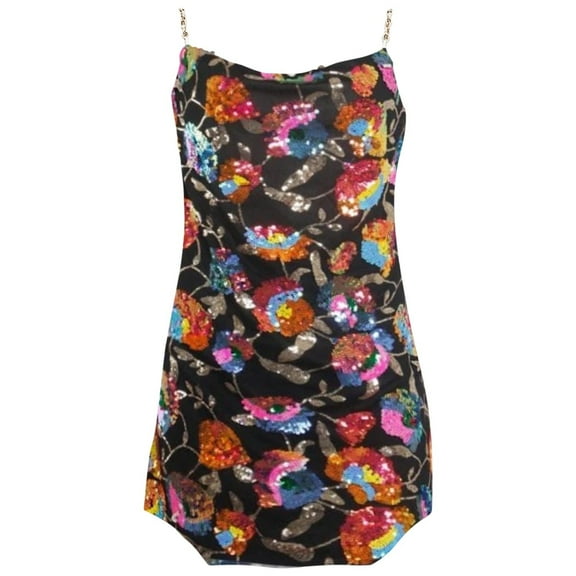 TTUHYWXI Women's Sequin Dress Sexy Sparkly Floral Summer Backless Deep V Low-Cut Shiny Strap Mini Dress for Party Clubwear (Black, XL)