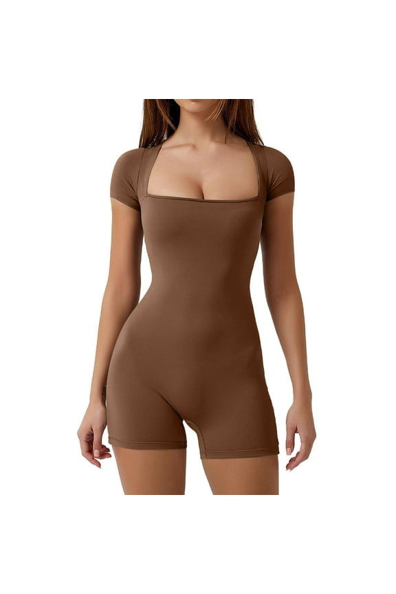 Women's Short Sleeve Bodycon Romper Stretchy Square Neck Sexy Unitard Jumpsuit (Brown, S)