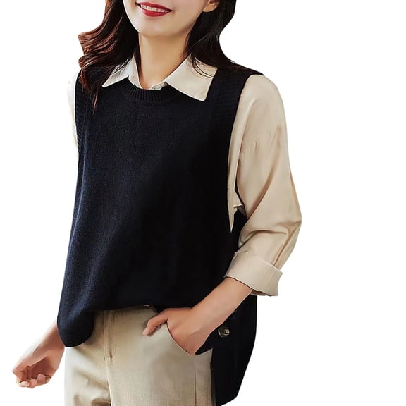 TTUHYWXI Women's Sleeveless Crop Sweater Vest Crew Neck Knit Tank Top Summer Pullovers (Black, One Size)
