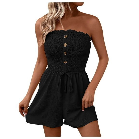 TTUHYWXI Women's Strapless Printed Short Rompers Beachwear One Piece jumpsuit (Black, L)