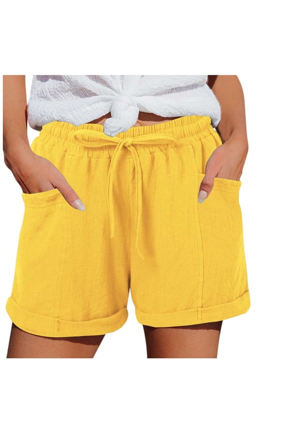 Women's Summer Casual Elastic Waist Shorts Comfy Drawstring High Waist Short Pants Lightweight Solid Color with Pockets (Yellow, L)