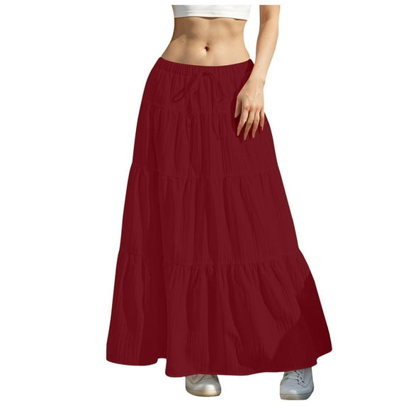 TTUHYWXI Women's Summer Casual Elegant Smock Layered Tiered Maxi Skirt High Waisted A Line Flowy Long Skirts with Pockets (Red, M)