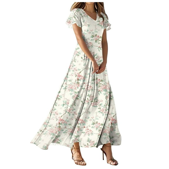 TTUHYWXI Women's Summer Floral Maxi Dress Casual Short Sleeve Flowy Boho Beach Party Long Dress (Green, M)