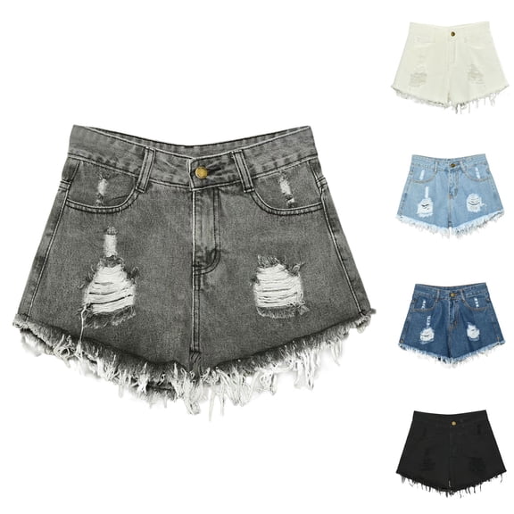 TTUHYWXI Women's Summer Jeans Shorts High Waist Ripped Raw Hem Stretchy Going Out Denim Shorts with Pockets (Blue, S)