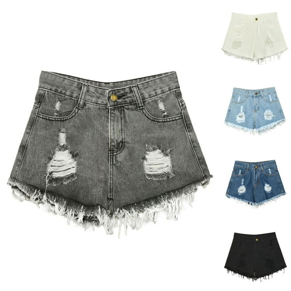 TTUHYWXI Women's Summer Jeans Shorts High Waist Ripped Raw Hem Stretchy Going Out Denim Shorts with Pockets (Blue, S)