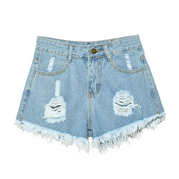 TTUHYWXI Women's Summer Jeans Shorts High Waist Ripped Raw Hem Stretchy Going Out Denim Shorts with Pockets (Light Blue, L)