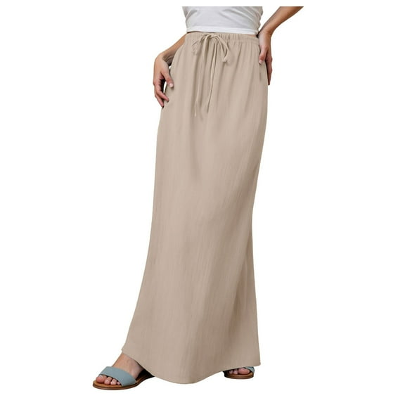 TTUHYWXI Women's Summer Maxi Skirt Drawstring Low Waist A Line Casual Skirts (Beige, S)