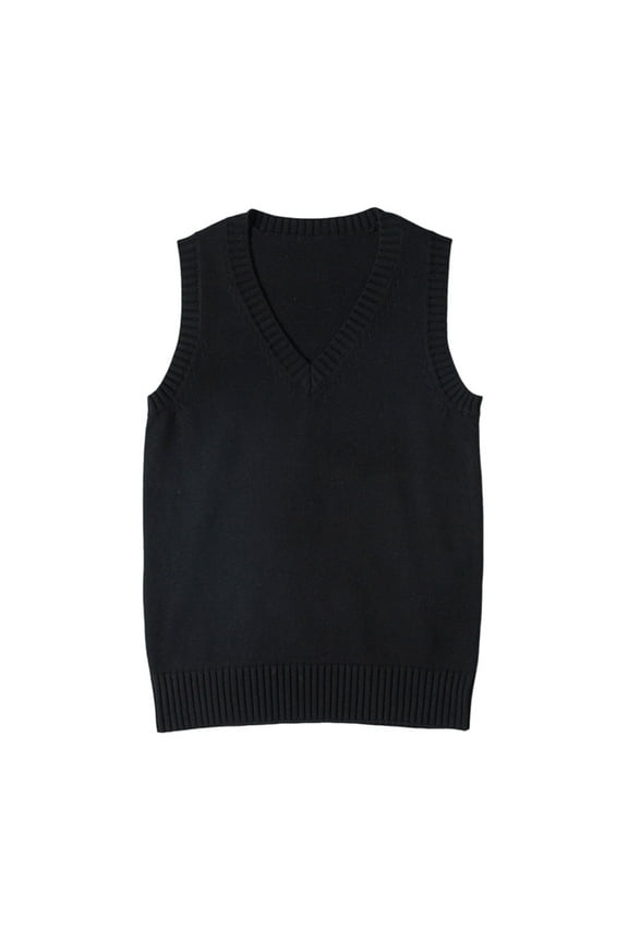 Women’s Sweater Vest V Neck JK Uniform Kint Vests Solid Classic Sleeveless Pullover Sweaters Tops (Black, L)