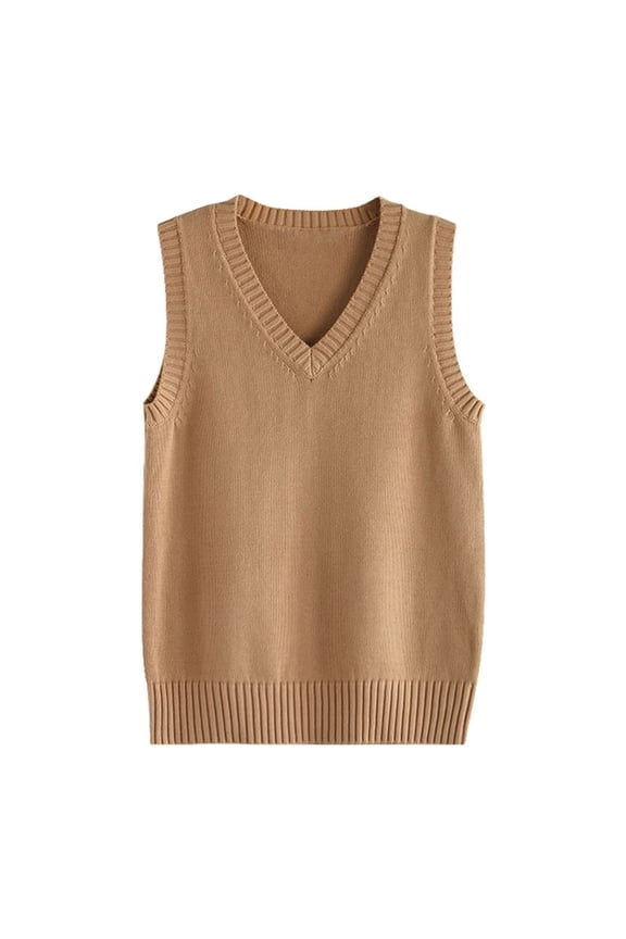 Women’s Sweater Vest V Neck JK Uniform Kint Vests Solid Classic Sleeveless Pullover Sweaters Tops (Khaki, XL)