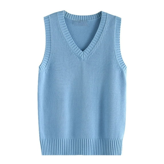TTUHYWXI Women’s Sweater Vest V Neck JK Uniform Kint Vests Solid Classic Sleeveless Pullover Sweaters Tops (Sky Blue, XL)