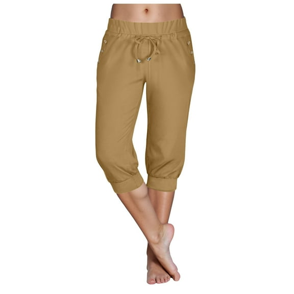 TTUHYWXI Women's Sweatpants Capri Pants Cropped Jogger Running Pants Lounge Loose Fit Drawstring Waist with Side Pockets (Khaki, M)