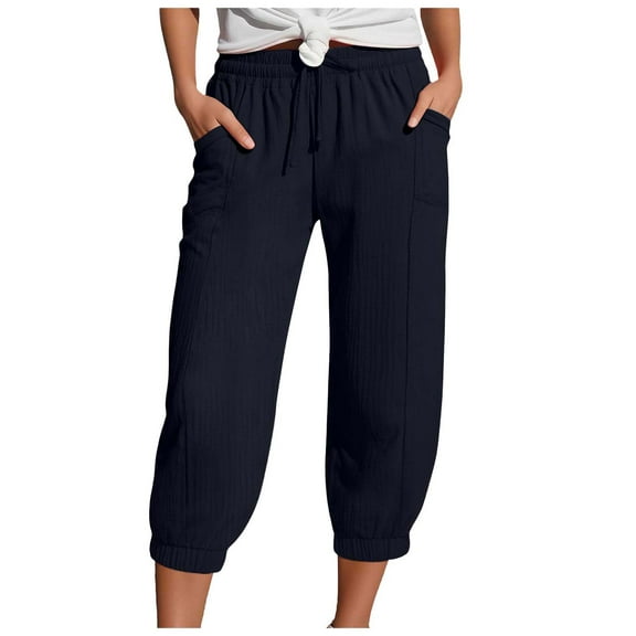 TTUHYWXI Women's Sweatpants Capri Pants Cropped Jogger Running Pants Lounge Loose Fit Drawstring Waist with Side Pockets (Navy, M)