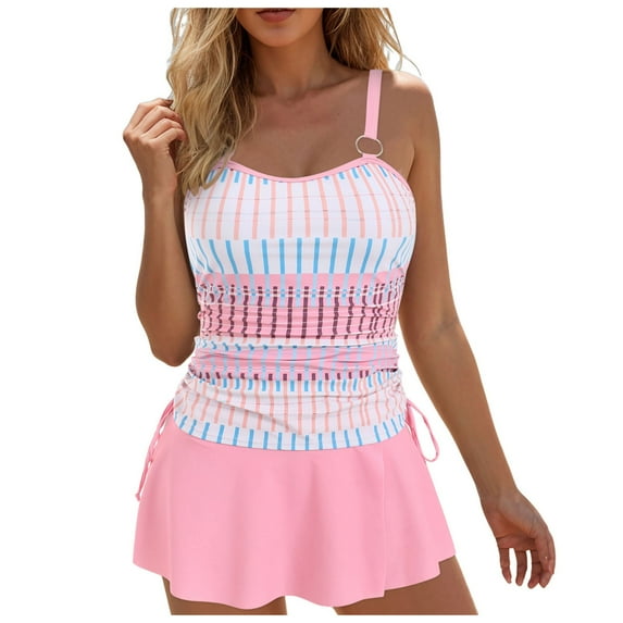 TTUHYWXI Women's Swimsuit Tankini Swimwear Spaghetti Straps Swimsuit Tankini with Skirt (Pink, 5XL)