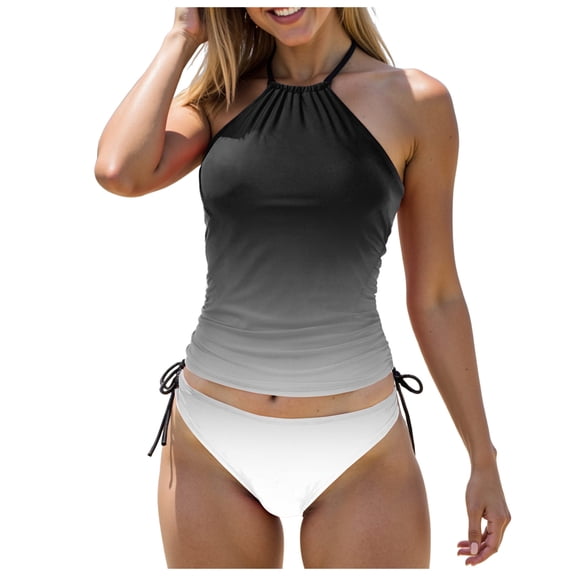 TTUHYWXI Women's Tankini Sets Two Piece Swimsuit High Neck Halter Mid Rise Adjustable Drawstrings (Grey, S)