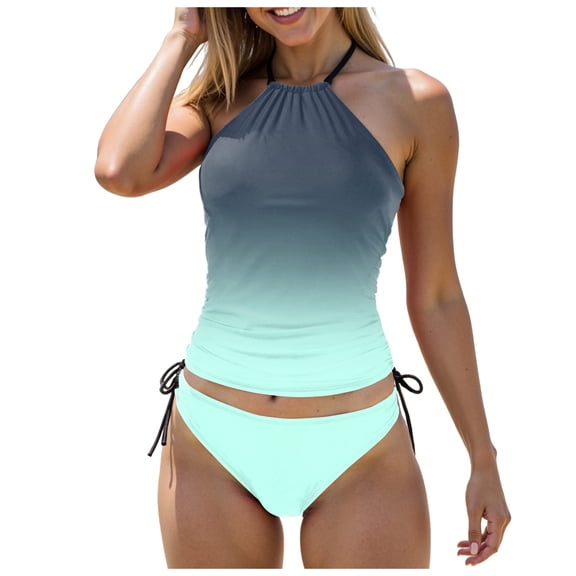 TTUHYWXI Women's Tankini Sets Two Piece Swimsuit High Neck Halter Mid Rise Adjustable Drawstrings (Mint Green, M)