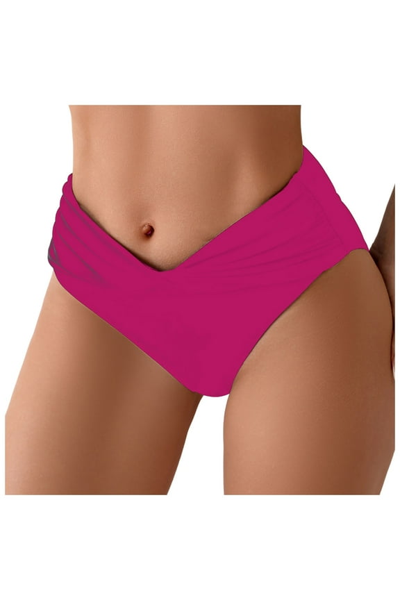 Women's Twist Bikini Bottom Moderate High Cut Swimsuit Bottom Cross V Cut Ruched Ruffles Bathing Suit Bottoms (Hot Pink, L)