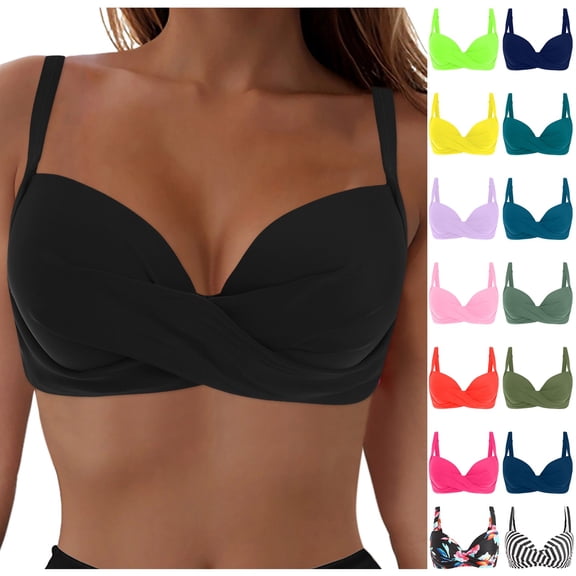 TTUHYWXI Women's Twist Front V Neck Bikini Top Adjustable Spaghetti Straps Push Up Padded Swimsuit Top Bathing Suits (Black, M)