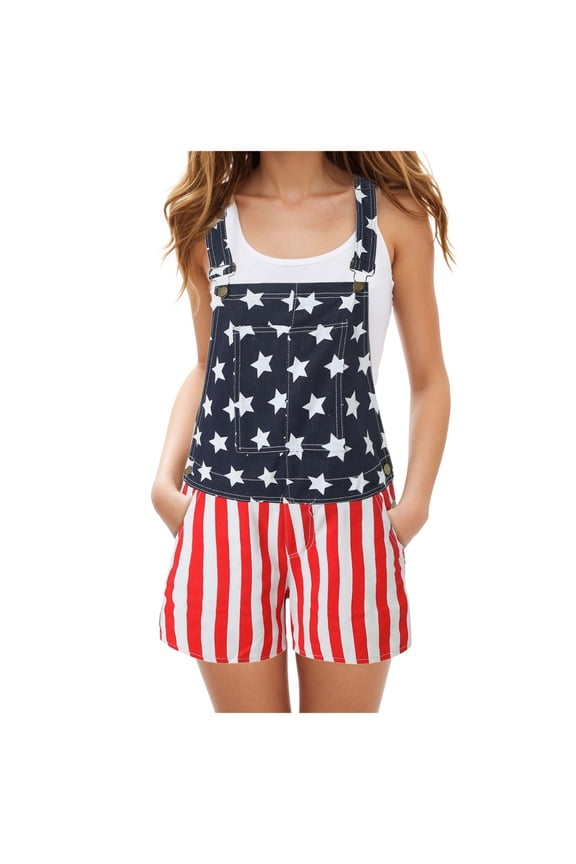 Women's USA Flag Printed Overalls Shorts Romper, 2025 Summer 4th of July Festival Jumpsuits Coveralls with Pockets (Navy, M)