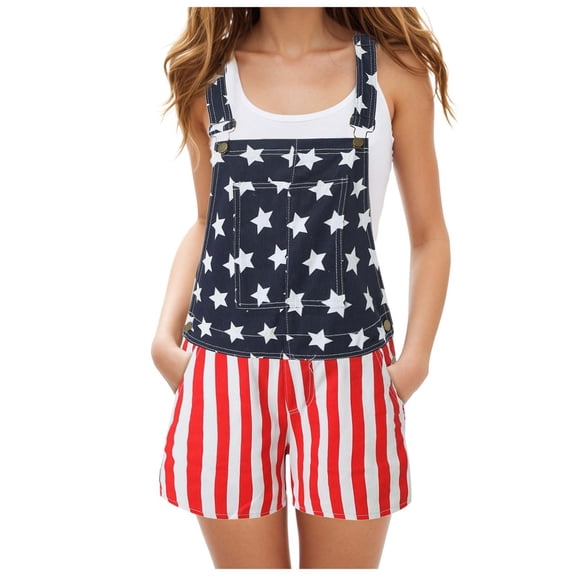 TTUHYWXI Women's USA Flag Printed Overalls Shorts Romper, 2025 Summer 4th of July Festival Jumpsuits Coveralls with Pockets (Navy, XS)
