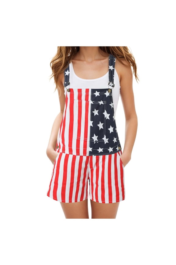 Women's USA Flag Printed Overalls Shorts Romper, 2025 Summer 4th of July Festival Jumpsuits Coveralls with Pockets (Red, L)