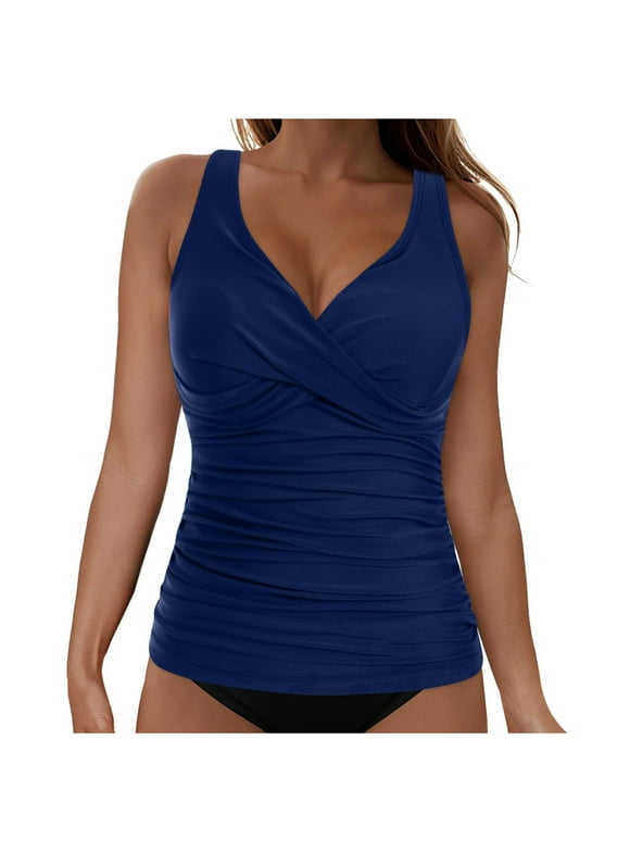 Women's Underwire Tankini Top Tummy Control Bathing Suits Sexy V Neck Crossover Swim Top Only,Dark Blue XL
