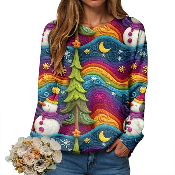 TTUHYWXI Women's Vintage Colorful Christmas Tree Print Sweatshirt Santa 3D Ugly Christmas Sweater for Women Gift (Dark Blue, L)