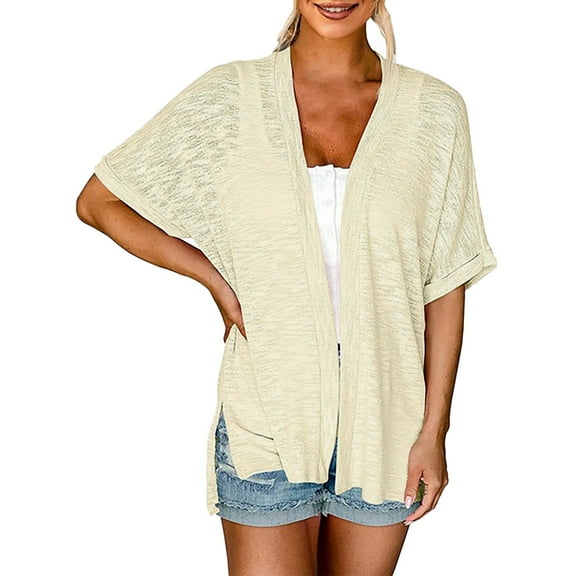 TTUHYWXI Womens 2025 Summer Lightweight Cardigan Short Sleeve Open Front Casual Loose Cover Ups (Beige, M)