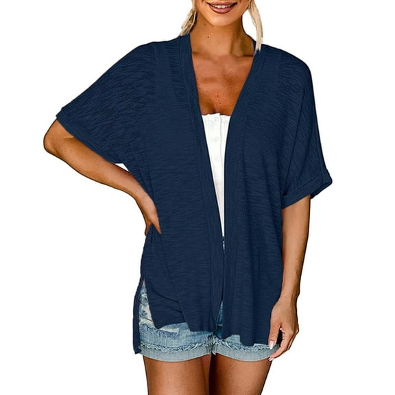 TTUHYWXI Womens 2025 Summer Lightweight Cardigan Short Sleeve Open Front Casual Loose Cover Ups (Navy, L)
