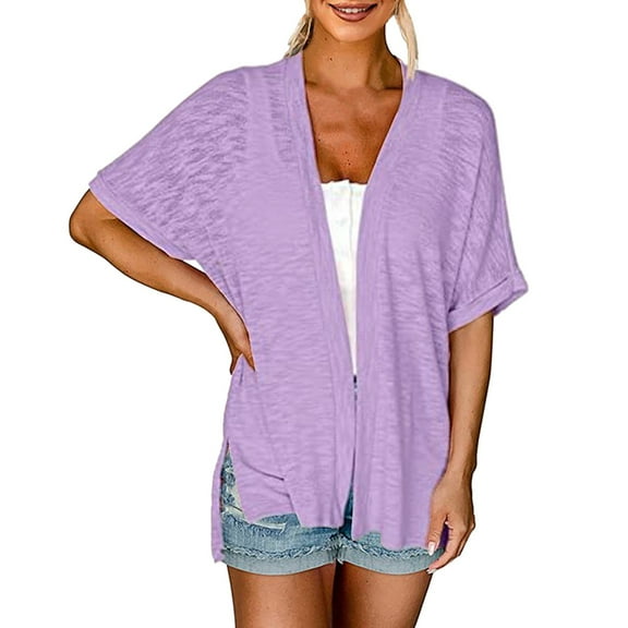 TTUHYWXI Womens 2025 Summer Lightweight Cardigan Short Sleeve Open Front Casual Loose Cover Ups (Purple, XL)