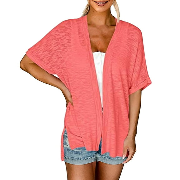 TTUHYWXI Womens 2025 Summer Lightweight Cardigan Short Sleeve Open Front Casual Loose Cover Ups ( Red, S)
