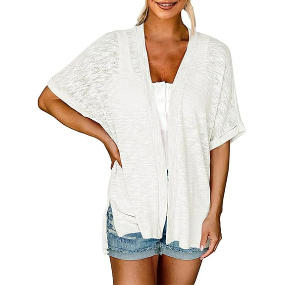 TTUHYWXI Womens 2025 Summer Lightweight Cardigan Short Sleeve Open Front Casual Loose Cover Ups (White, S)