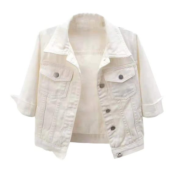 TTUHYWXI Jean Jacket Women 2025 Plus Size 3/4 Sleeve Button Down Colored Cropped Denim Jacket Lightweight Trendy Casual Coats (White, L)