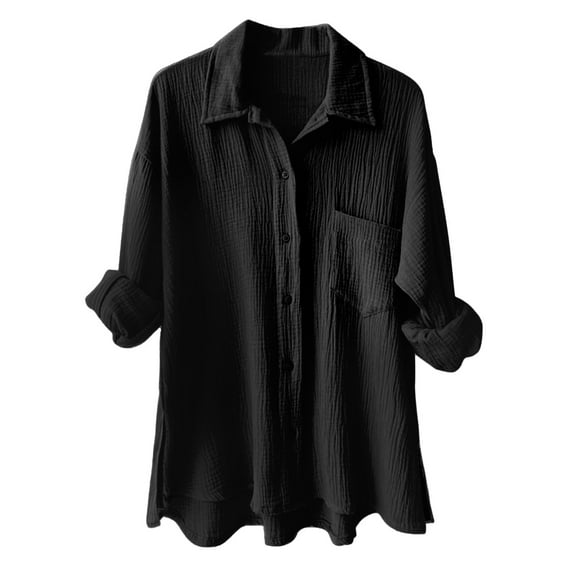 TTUHYWXI Womens Button Down Shirts Cotton Dress Shirt Long Sleeve Oversized Boyfriend Solid Tunic Tops with Pockets (Black, XL)