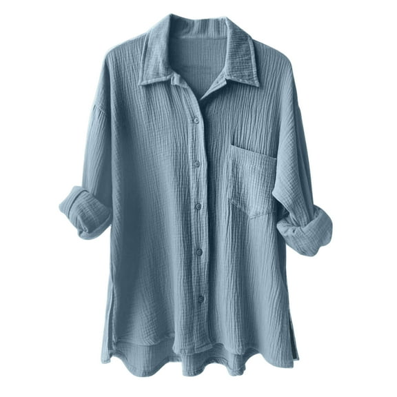 TTUHYWXI Womens Button Down Shirts Cotton Dress Shirt Long Sleeve Oversized Boyfriend Solid Tunic Tops with Pockets (Blue, L)