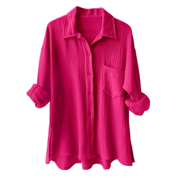 TTUHYWXI Womens Button Down Shirts Cotton Dress Shirt Long Sleeve Oversized Boyfriend Solid Tunic Tops with Pockets (Hot Pink, M)