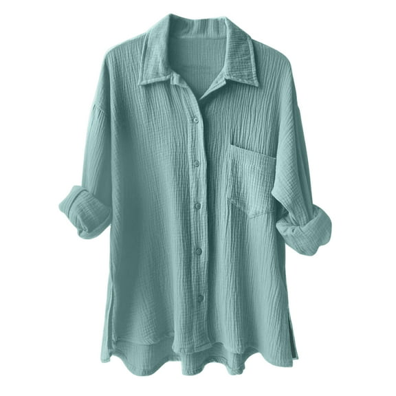 TTUHYWXI Womens Button Down Shirts Cotton Dress Shirt Long Sleeve Oversized Boyfriend Solid Tunic Tops with Pockets (Light Green, S)