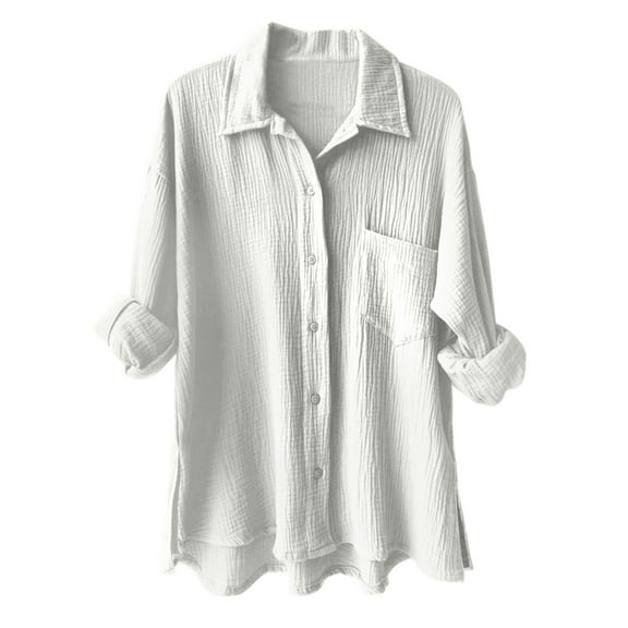 TTUHYWXI Womens Button Down Shirts Cotton Dress Shirt Long Sleeve Oversized Boyfriend Solid Tunic Tops with Pockets (White, S)