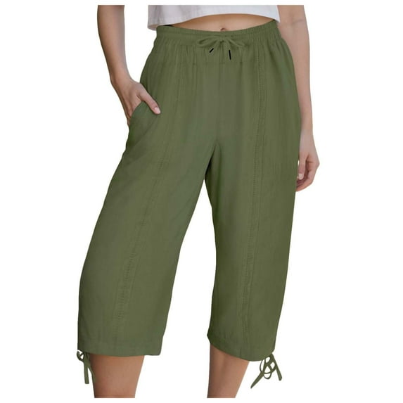 TTUHYWXI Womens Capris Pants High Waist Drawstring Comfy Casual Pants Casua Lightweight Loose Trousers Buttons Trim with Pockets (Green, XXL)