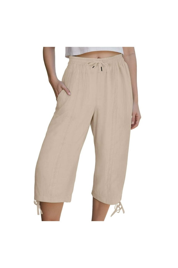 Womens Capris with Pockets Loose Fit Casual Capri Pants Dressy Lightweight Ladies Baggy Cargo Pants for Hiking (Khaki, 3XL)