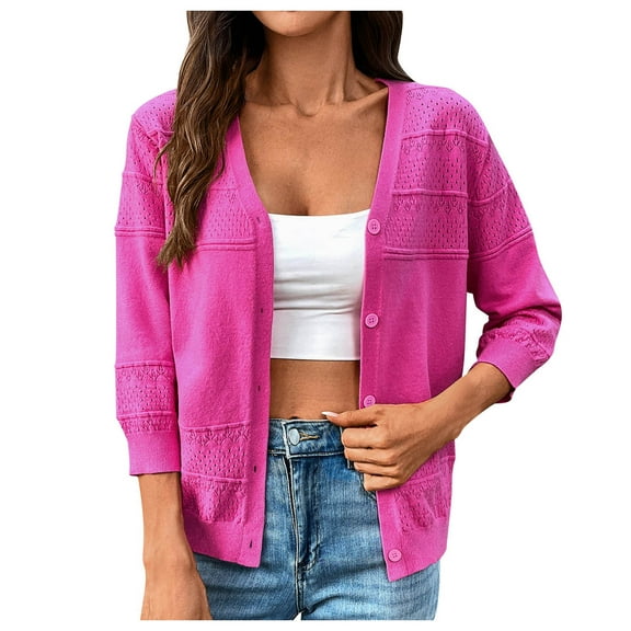 TTUHYWXI Womens Cardigan Sweaters Lightweight Crew Neck Long Sleeve Outfits Fall Fashion 2025 Clothing (Hot Pink, L)