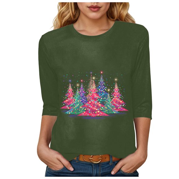 TTUHYWXI Womens Casual Christmas 3/4 Sleeve Crew Neck Tee Shirts Leopard Pumpkin Shirts Thanksgiving Fall Tops (Army Green, XXL)