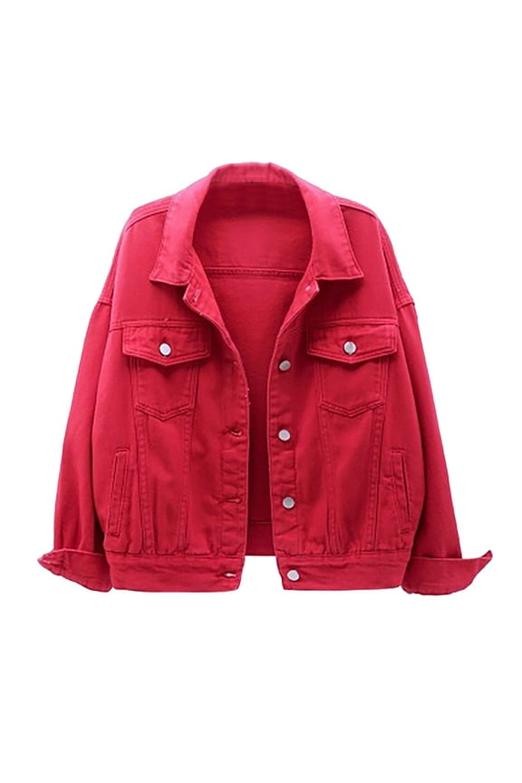 Denim Jacket for Women Button Down 3/4 Long Sleeve Cropped Jean Jackets with Pockets Casual Lightweight Shackets 2025 (Red, S)