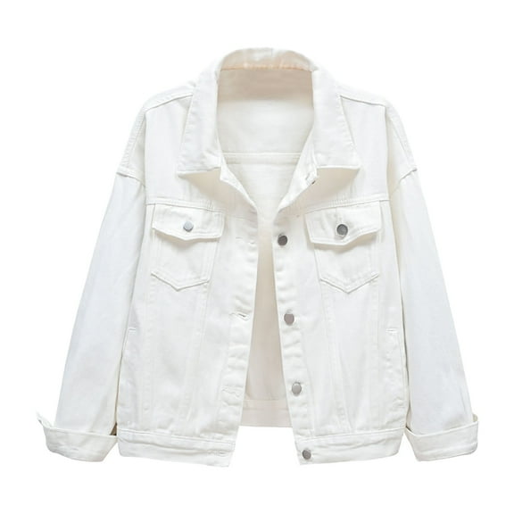 TTUHYWXI Womens Casual Cute Solid Long Sleeve Denim Jean Trucker Jacket Coat Outerwear (White, 3XL)