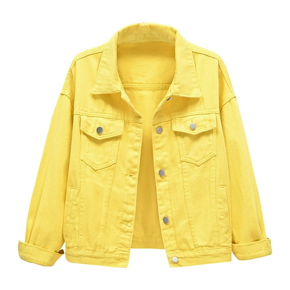 TTUHYWXI Denim Jacket for Women Button Down 3/4 Long Sleeve Cropped Jean Jackets with Pockets Casual Lightweight Shackets 2025 (Yellow, S)