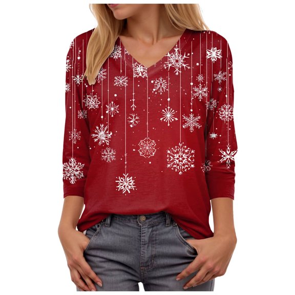 TTUHYWXI Womens Christmas 3/4 Length Sleeve Tunic Tops Casual V Neck Shirts Basic Tees (White, XXL)