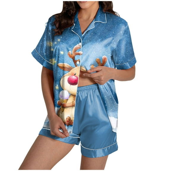 TTUHYWXI Womens Christmas Pajamas Silk Satin Sleepwear Holiday Matching Pjs Funny Short Sleeve Button Down Nightwear Set (Blue, S)