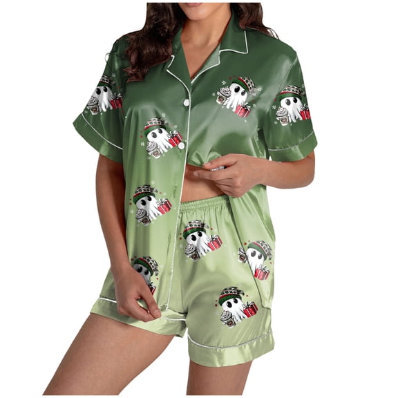 TTUHYWXI Womens Christmas Pajamas Silk Satin Sleepwear Holiday Matching Pjs Funny Short Sleeve Button Down Nightwear Set (Green, L)