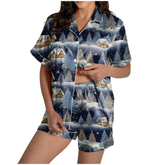 TTUHYWXI Womens Christmas Pajamas Silk Satin Sleepwear Holiday Matching Pjs Funny Short Sleeve Button Down Nightwear Set (Navy, L)
