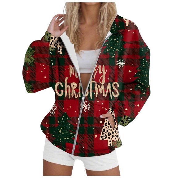 TTUHYWXI Womens Christmas Sweatshirt Zip Up Jackets Long Sleeve Oversized Floral Printed Sweatshirts Pullover Pockets (Wine, S)